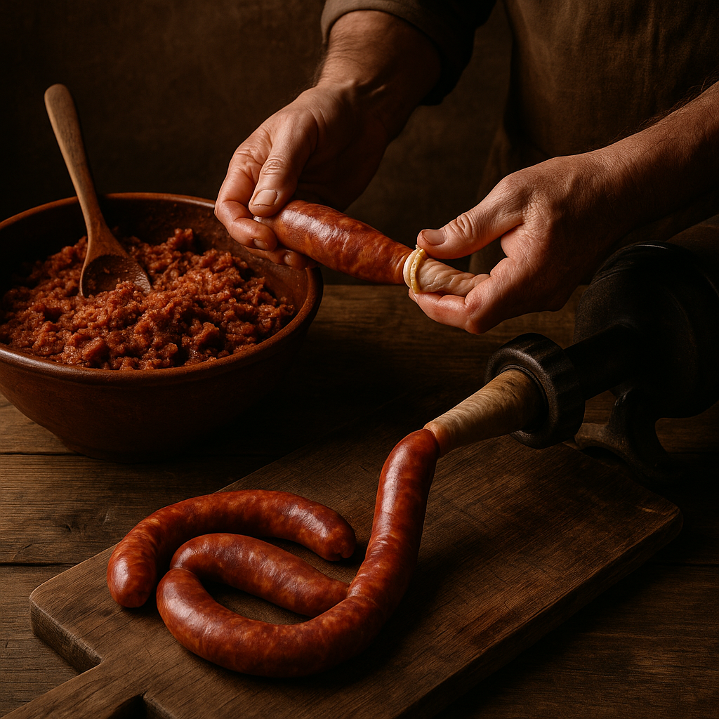 Elaboración de embutido artesano. Maquina de embutir antigua embutiendo en tripa natural chorizo artesano