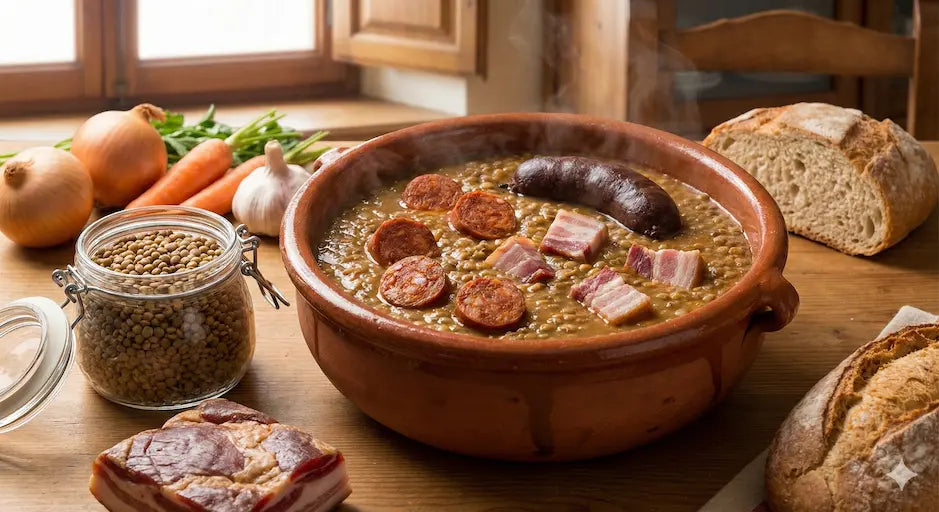 Cazuela de barro con receta tradicional de lentejas con chorizo, morcilla y panceta oreada de Embutidos Cañas.