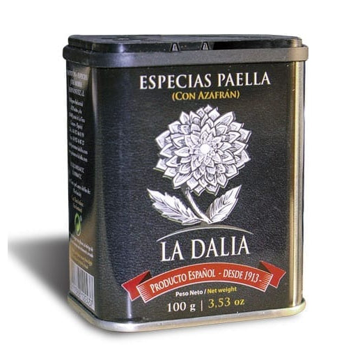 Especias para paella con azafrán La Dalia sobre fondo blanco