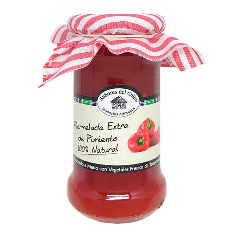 Mermelada extra de pimiento rojo Sabores del Guijo 400 g sobre fondo blanco