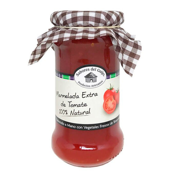Mermelada extra de tomate Sabores del Guijo 400 g sobre fondo blanco