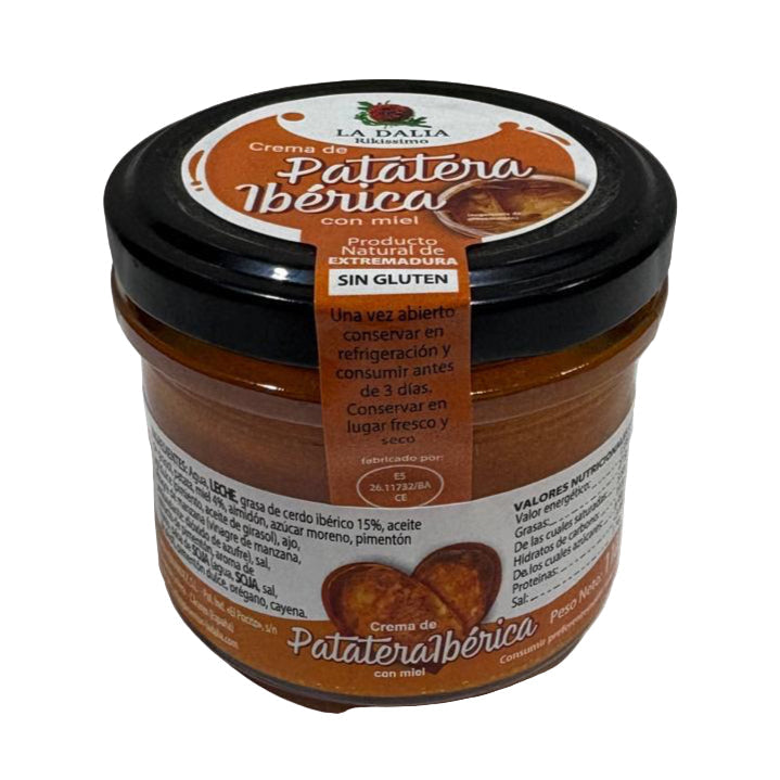 Crema de patatera ibérica con miel La Dalia sobre fondo blanco
